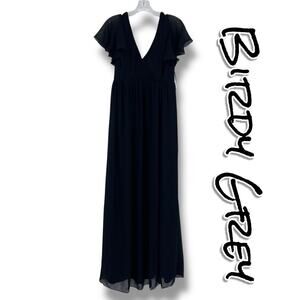Birdy Grey Hannah Chiffon Maxi Dress Black Flutter Sleeve V-Neck Pockets Women M